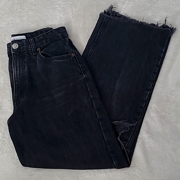 Zara Denim - Zara Womens Jeans Size 4 Black Distressed Ripped Straight Leg Raw Hem Grunge Y2K